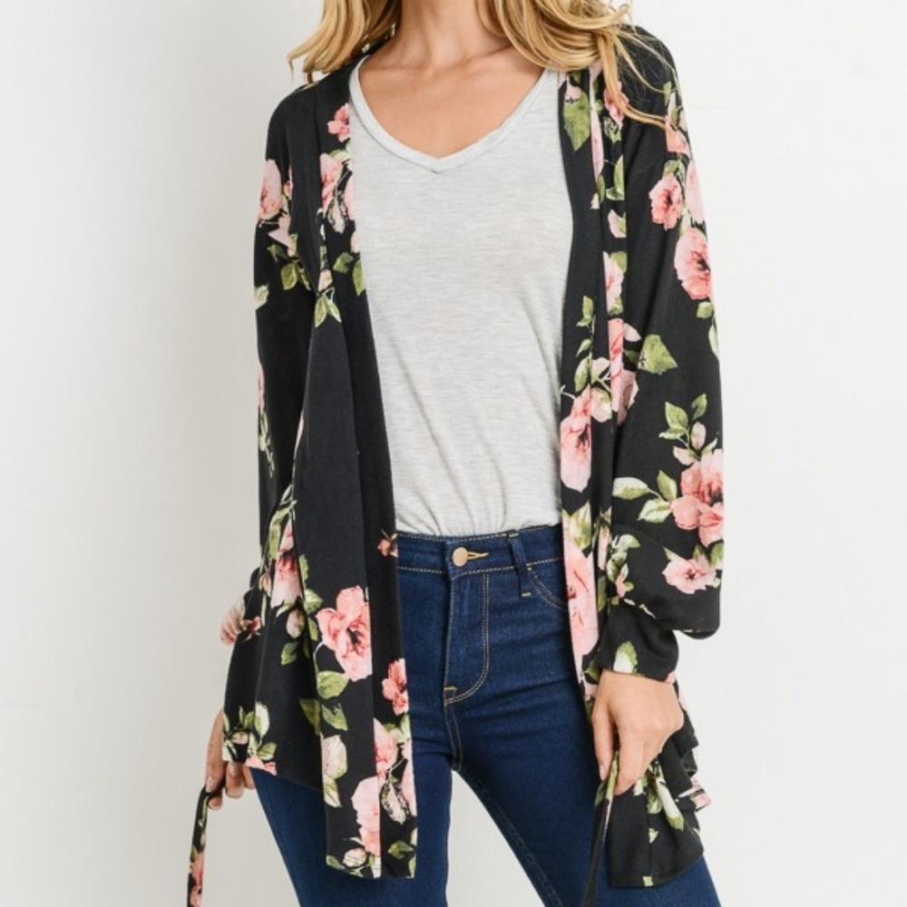 2 LEFT! Floral puff sleeve belted cardigan - Picture 5 of 8